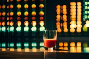 en glas av juice Sammanträde på en tabell i främre av en färgrik bakgrund. ai-genererad foto