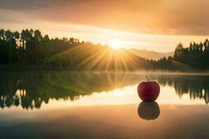 ett äpple sitter på de vatten på solnedgång. ai-genererad foto