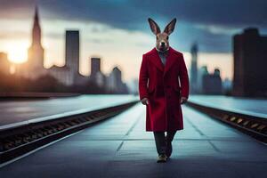 en kanin bär en röd täcka och gående på en tåg Spår. ai-genererad foto