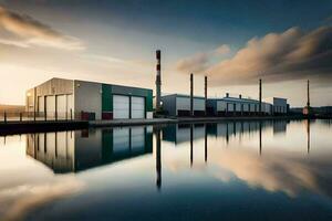 en fabrik byggnad med en reflexion av de himmel. ai-genererad foto