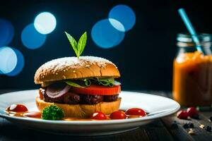 en hamburgare med grönsaker och sås på en tallrik. ai-genererad foto