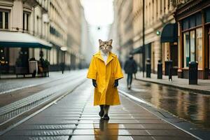 en katt bär en gul regnkappa gående ner en gata. ai-genererad foto