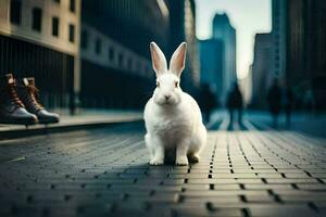 en vit kanin är stående på en gata i de stad. ai-genererad foto