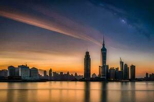 de stad horisont på solnedgång i shanghai. ai-genererad foto