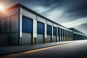 en stor industriell byggnad med två stor garage dörrar. ai-genererad foto