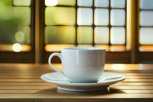 en kopp och fat på en tabell i främre av en fönster. ai-genererad foto