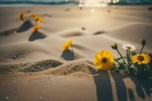 gul blommor på de strand. ai-genererad foto