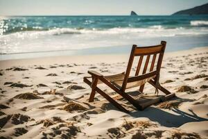 en trä- stol sitter på de strand nära de hav. ai-genererad foto