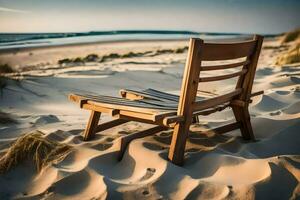 en trä- stol sitter på de sand på de strand. ai-genererad foto