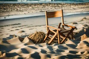 en stol sitter på de sand i främre av de hav. ai-genererad foto