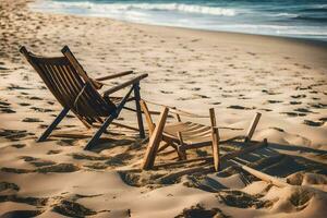 två trä- stolar på de strand med de hav i de bakgrund. ai-genererad foto