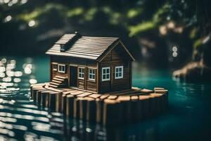 en miniatyr- hus flytande på de vatten. ai-genererad foto