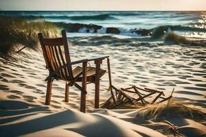 en trä- stol sitter på de sand på solnedgång. ai-genererad foto