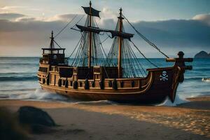 en pirat fartyg på de strand på solnedgång. ai-genererad foto