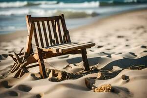 en trä- stol sitter på de sand nära de hav. ai-genererad foto