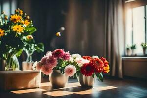 blommor i vaser på en tabell i främre av en fönster. ai-genererad foto