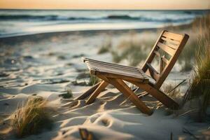 en trä- stol sitter på de sand på solnedgång. ai-genererad foto