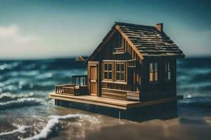 en miniatyr- trä- hus på de strand. ai-genererad foto