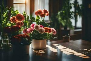 blommor i kastruller på en tabell i främre av en fönster. ai-genererad foto