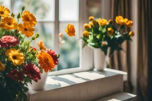 blommor i vaser på en fönster tröskel. ai-genererad foto
