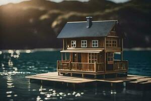 en miniatyr- hus på en docka i de vatten. ai-genererad foto