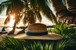 en sugrör hatt på de strand. ai-genererad foto