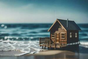en miniatyr- hus på de strand med vågor. ai-genererad foto