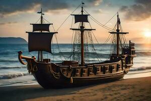 en trä- pirat fartyg på de strand på solnedgång. ai-genererad foto