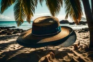 en hatt på de strand med handflatan träd. ai-genererad foto