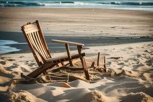 en stol sitter på de sand på de strand. ai-genererad foto