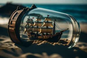en fartyg i en flaska på de strand. ai-genererad foto