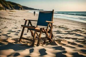 en stol på de strand med en blå sittplats. ai-genererad foto