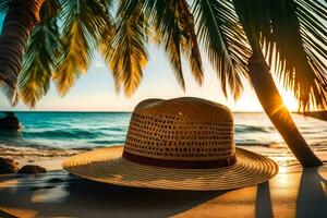 en sugrör hatt sitter på de strand på solnedgång. ai-genererad foto