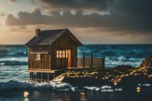 en miniatyr- hus på de strand på solnedgång. ai-genererad foto