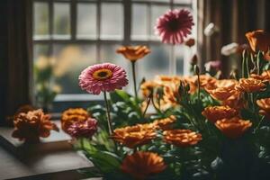 orange blommor i främre av en fönster. ai-genererad foto