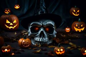 halloween skalle med häxa hatt och pumpor. ai-genererad foto