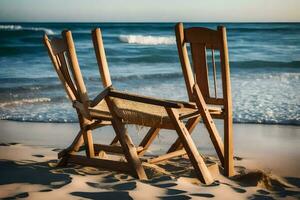 två stolar Sammanträde på de strand nära de hav. ai-genererad foto