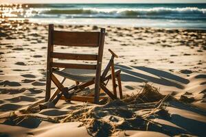 en stol sitter på de sand på de strand. ai-genererad foto