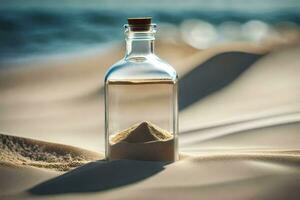 en flaska av sand på de strand med sand i Det. ai-genererad foto