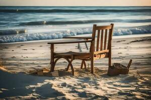 en trä- stol sitter på de strand på solnedgång. ai-genererad foto