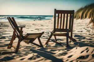 två trä- stolar på de strand med de hav i de bakgrund. ai-genererad foto