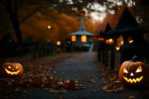 halloween pumpor i de trän med en hus i de bakgrund. ai-genererad foto