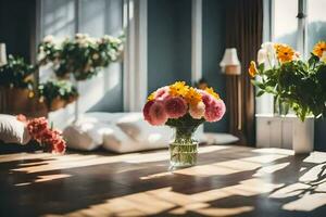 en vas av blommor på en tabell i främre av en fönster. ai-genererad foto