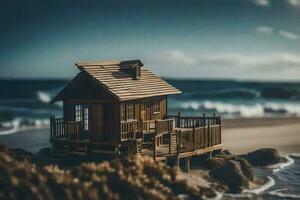 en miniatyr- trä- hus på de strand. ai-genererad foto