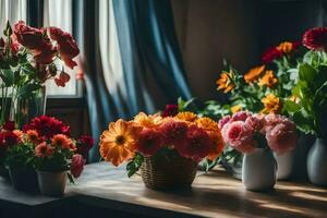 blommor i vaser på en tabell i främre av en fönster. ai-genererad foto