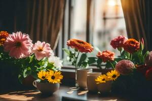 blommor i en vas på en tabell i främre av en fönster. ai-genererad foto