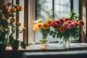 blommor i vaser på en fönsterbräda. ai-genererad foto