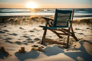 en stol sitter på de strand på solnedgång. ai-genererad foto