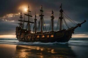 en pirat fartyg på de strand på natt. ai-genererad foto