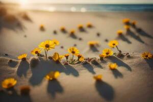 gul blommor växande i de sand på en strand. ai-genererad foto